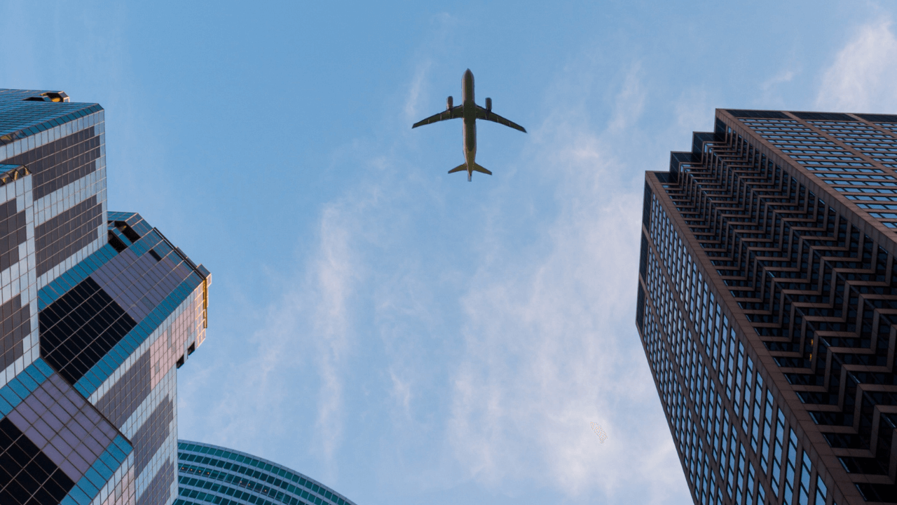 city view of an airplane from below