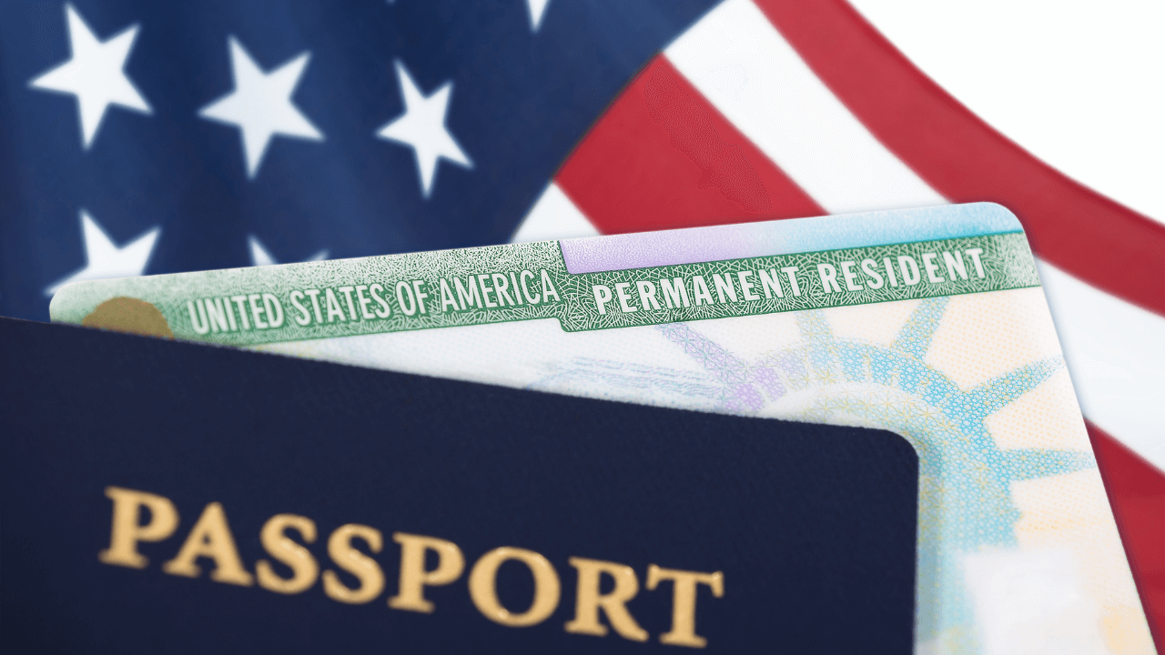 US flag, passport and Permanent Resident Card