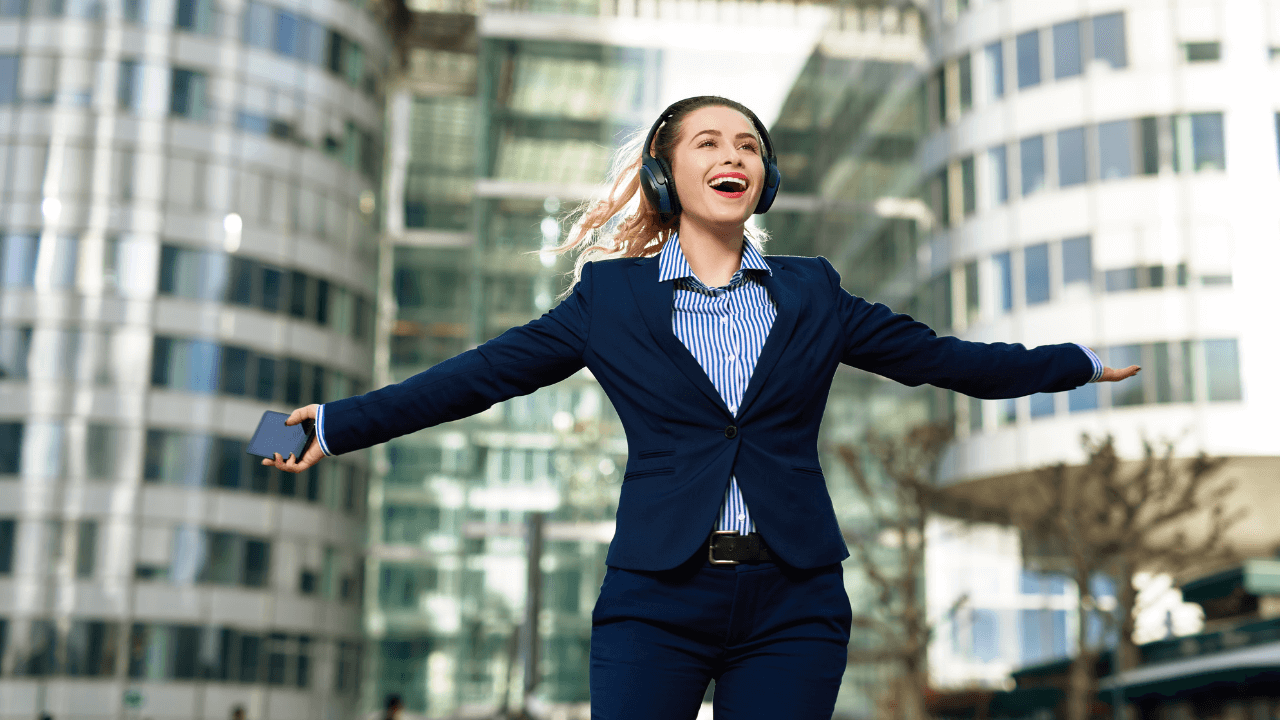 A woman celebrating in the city