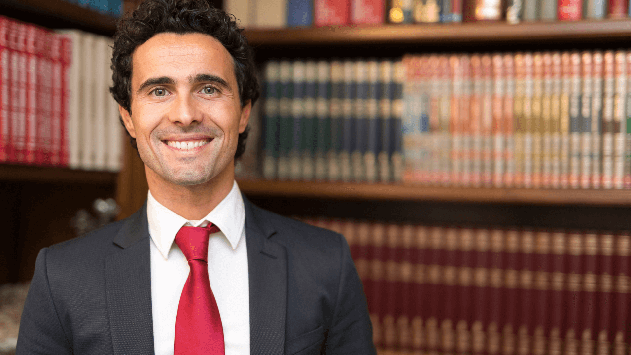 Lawyer standing in a legal library