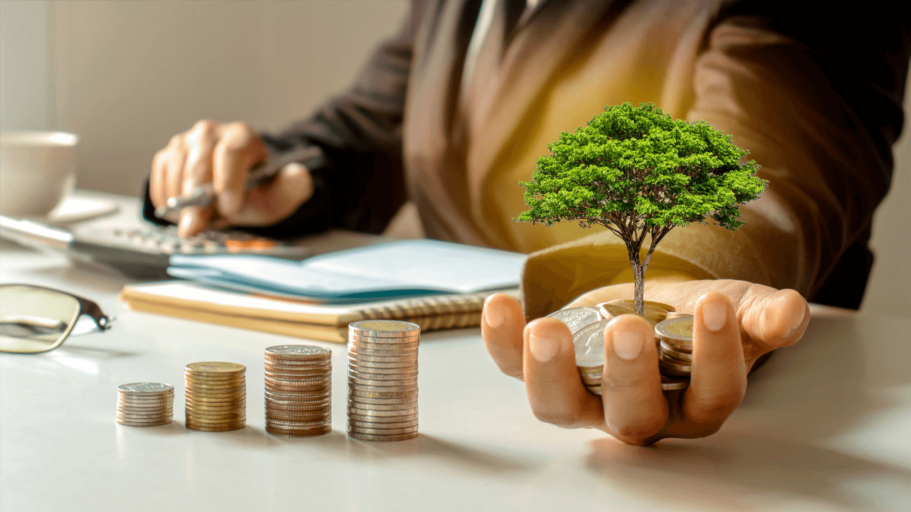 An investor holding a tree that grew from his investments