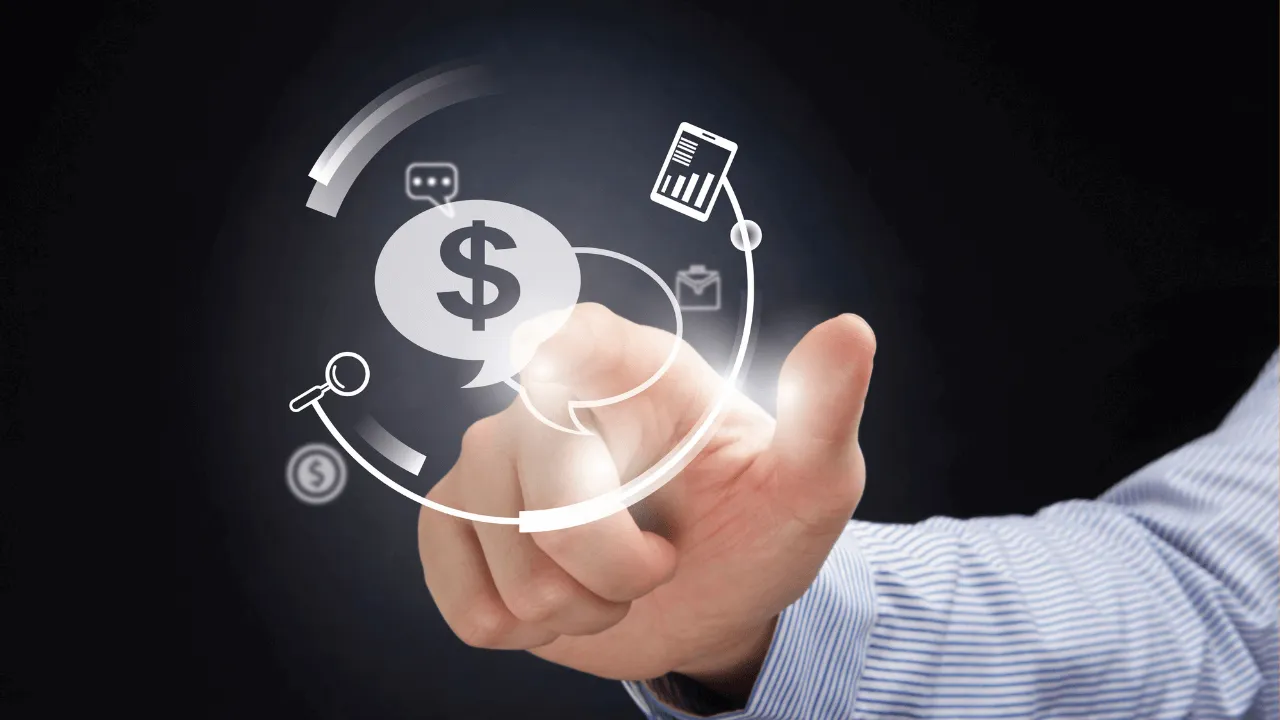 A man clicking on a a financial icon with $