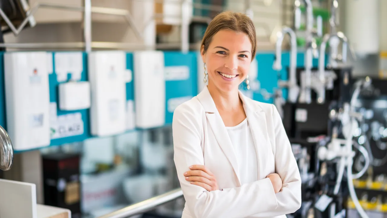 A woman wearing a suit smiling at the camera while standing in her office
