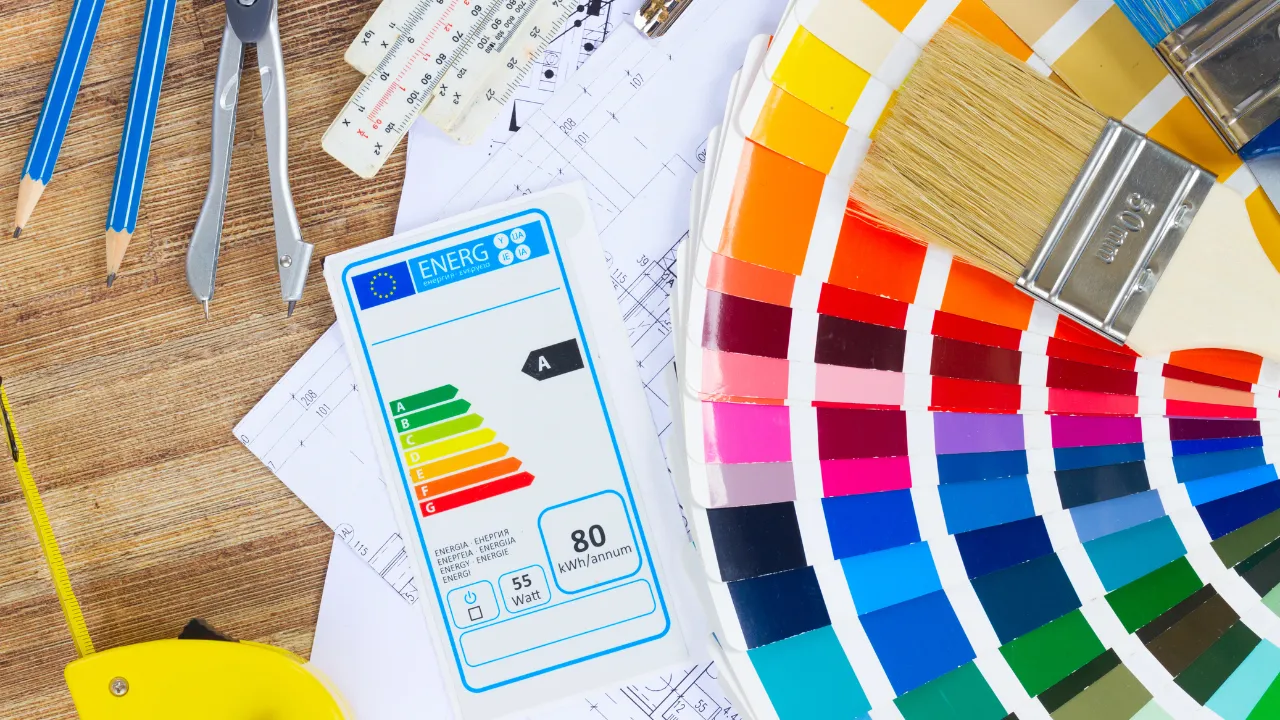 A set of design tools, paint and swatches on a table