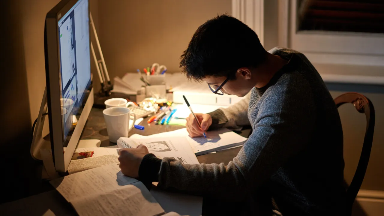 A man studying in front of a computer