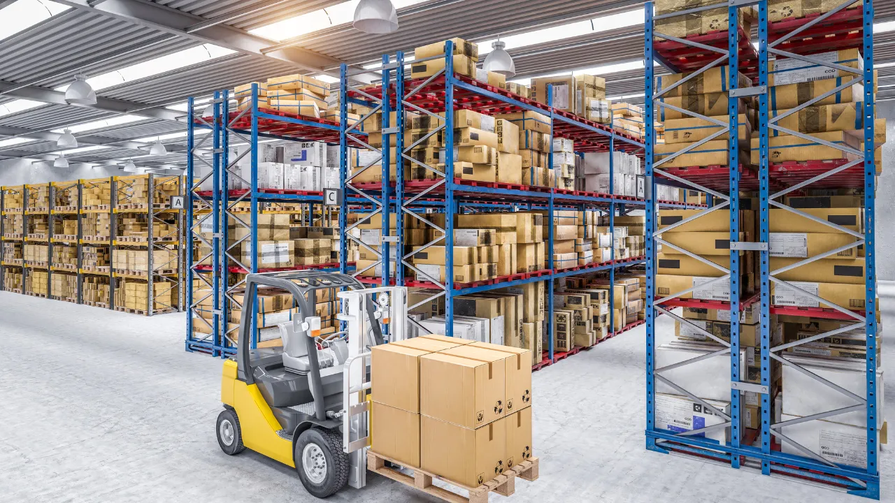 Industrial warehouse with a bunch of boxes stacked