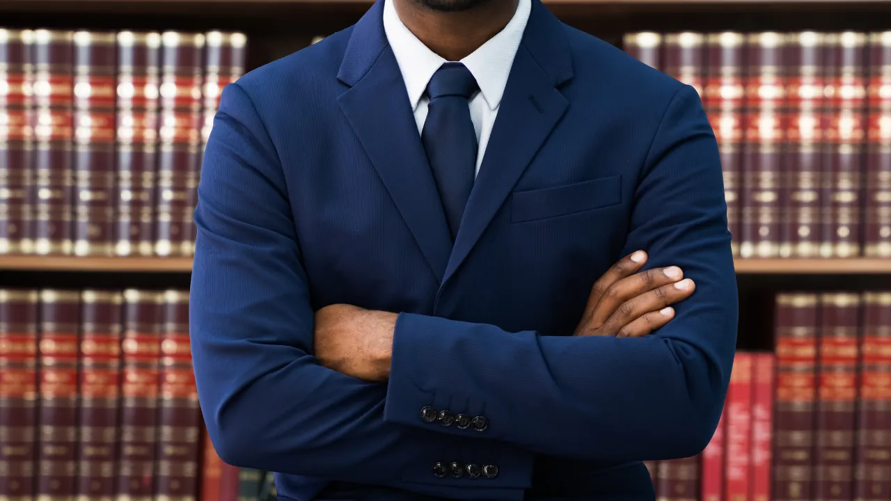 A lawyer standing in front of legal books on a bookshelf