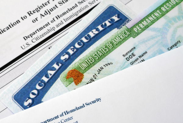 social security card, adjustment of status form, and green card