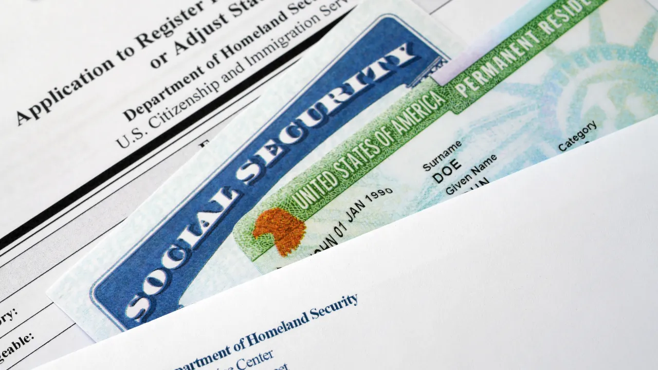 social security card, adjustment of status form, and green card