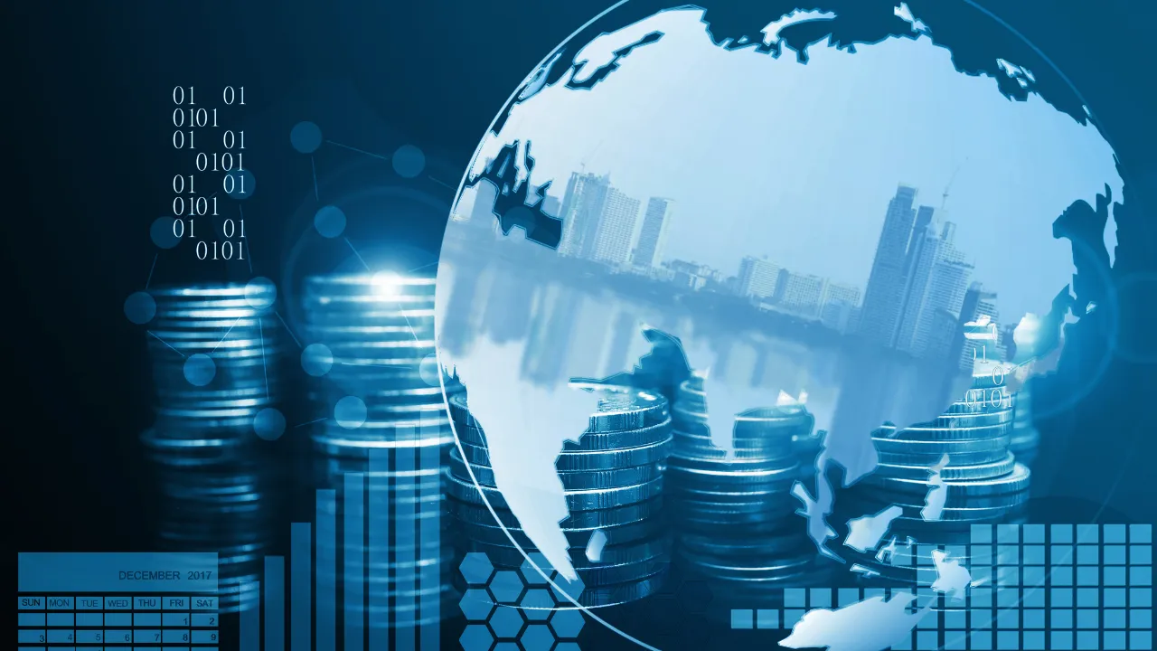 A globe with a city and money in the background