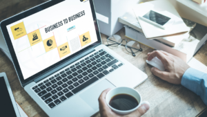 An open laptop with business slide shows