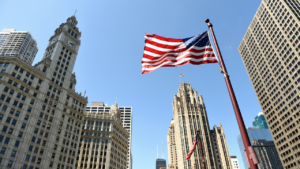 USA flag in a city