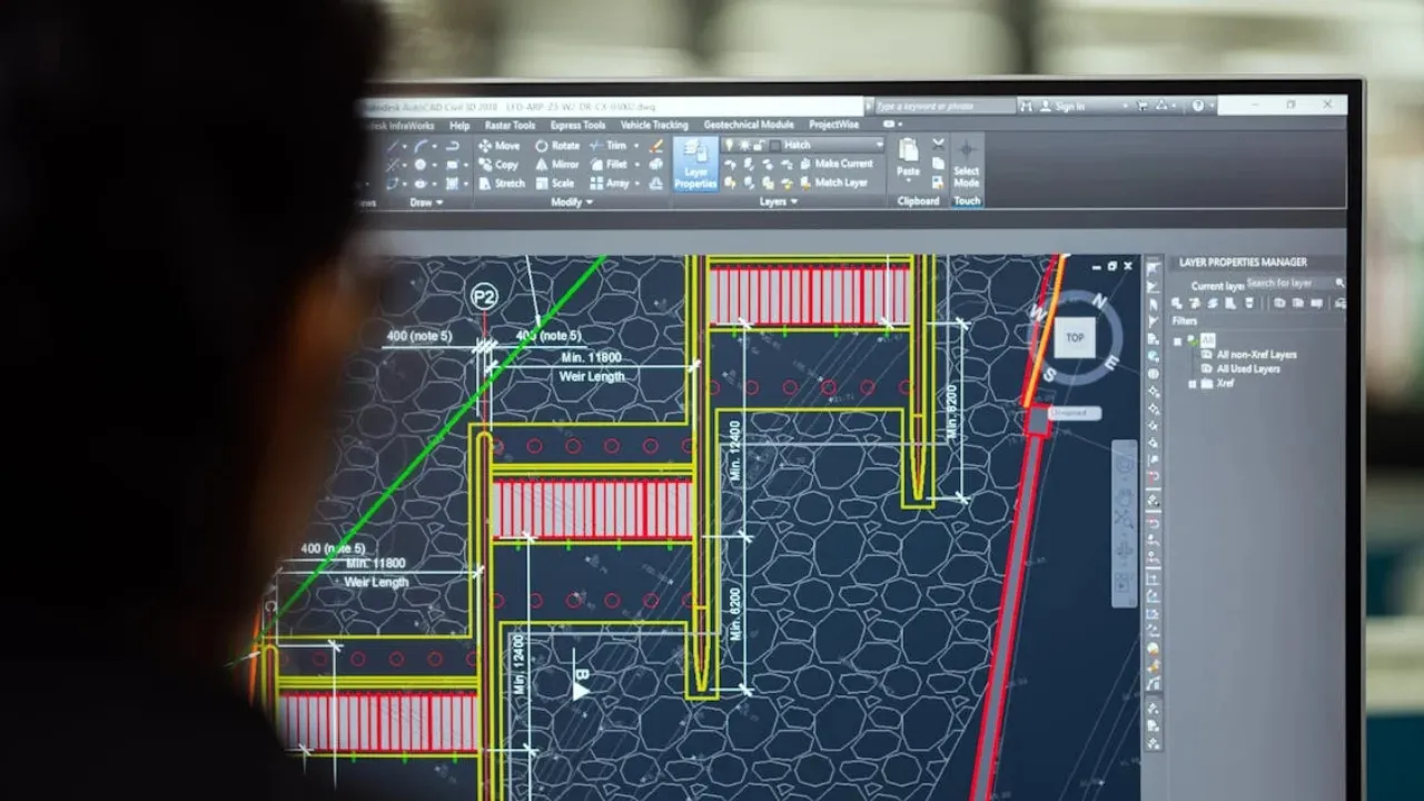 Civil engineering design software with construction schematics on screen, viewed by an engineer.