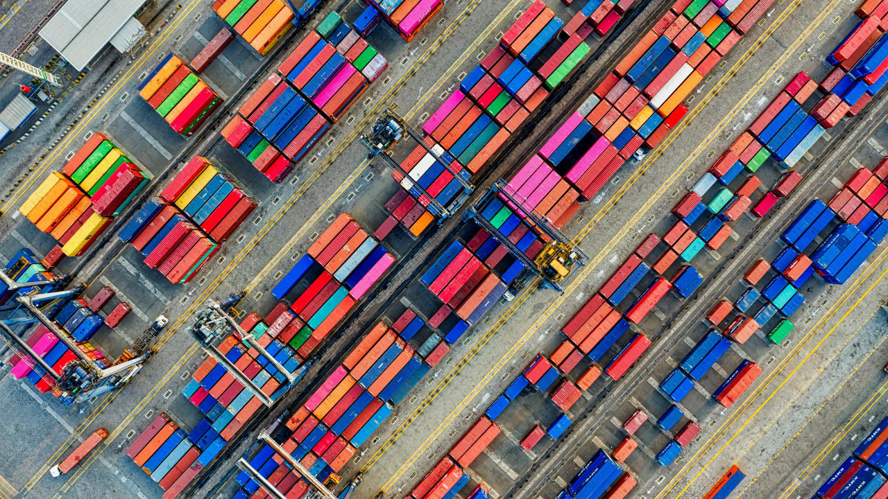 Birds-eye view from many containers with goods.
