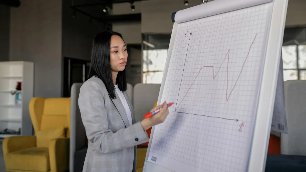 An East Asian woman in a grey blazer holds a red marker and points to a line graph on a whiteboard easel in an office setting.
