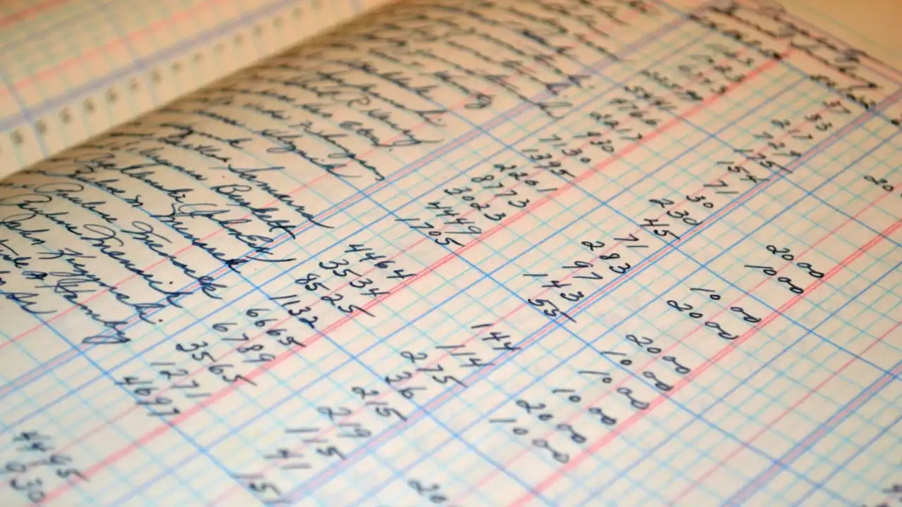 A close-up of a handwritten accounting ledger, representing the detailed financial documentation required for an E-2 visa application.