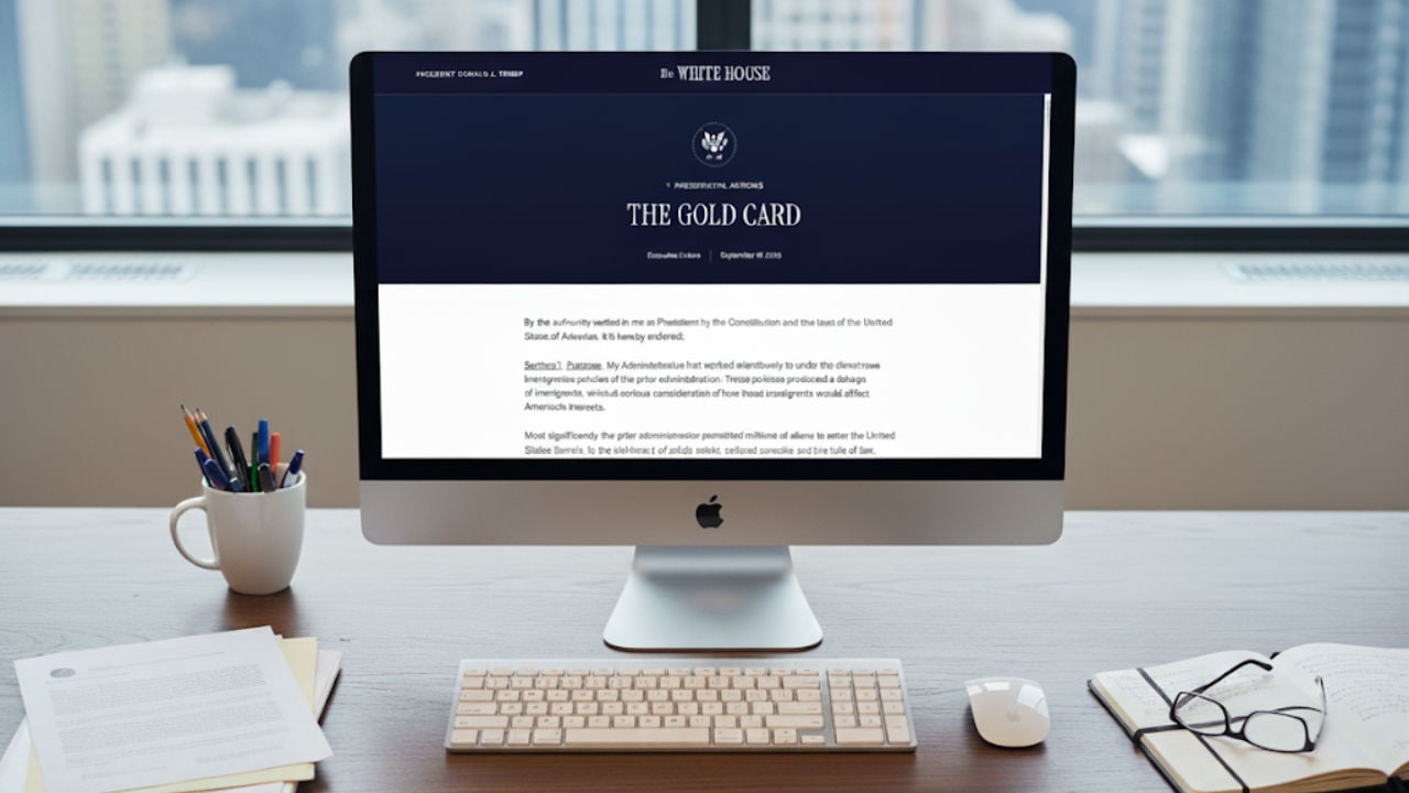 A computer screen showing the official White House page for "The Gold Card" executive order.