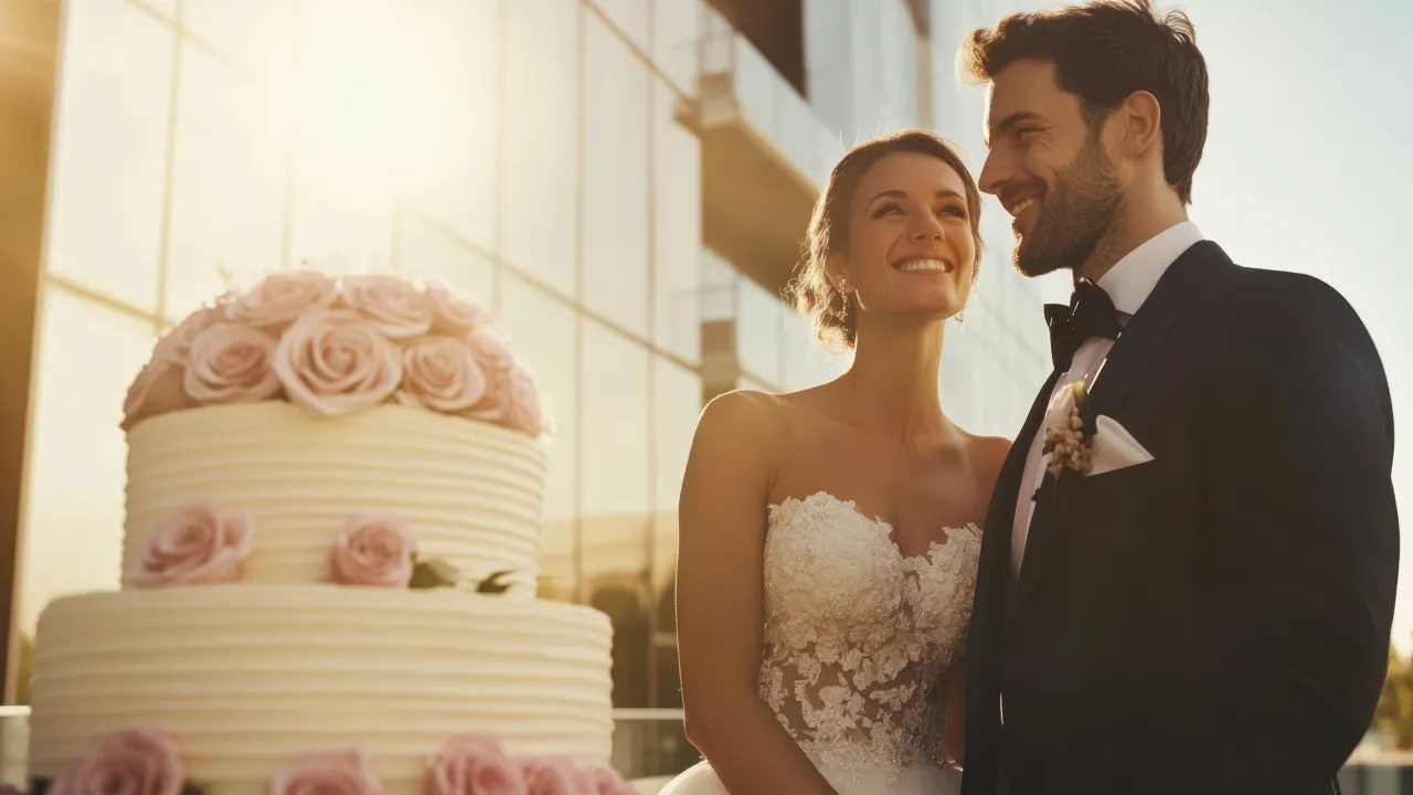 A smiling bride and groom in wedding attire look happily at each other, standing near a large wedding cake outdoors, with sunlight reflecting on a building.