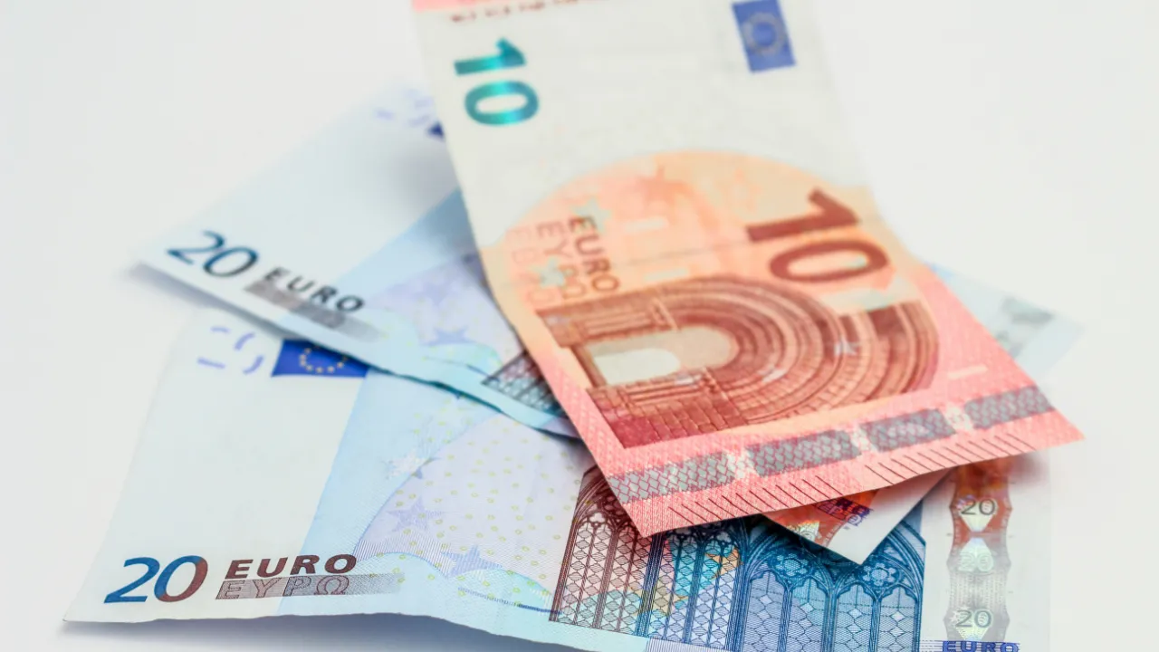 Euro banknotes (10 and 20 denominations) scattered on a white surface, representing foreign capital for an E-2 investment.