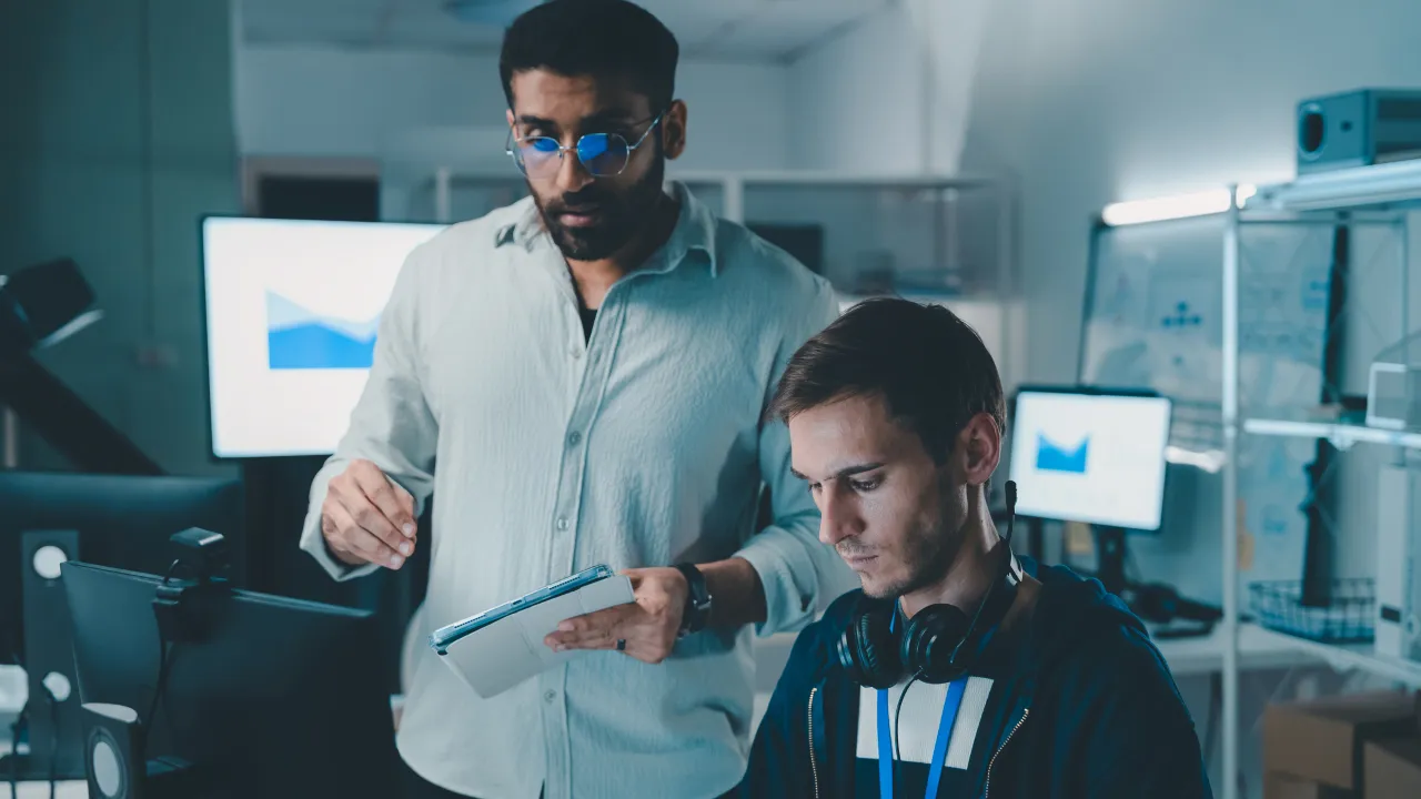 Two men in a dimly lit, high-tech office environment, one wearing glasses and holding a tablet, stand next to another man with headphones around his neck, looking intently at a computer screen.
