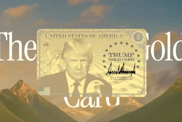 A gold-colored card featuring a portrait of Donald Trump, the Statue of Liberty, a bald eagle, the American flag, and the text "TRUMP GOLD CARD."