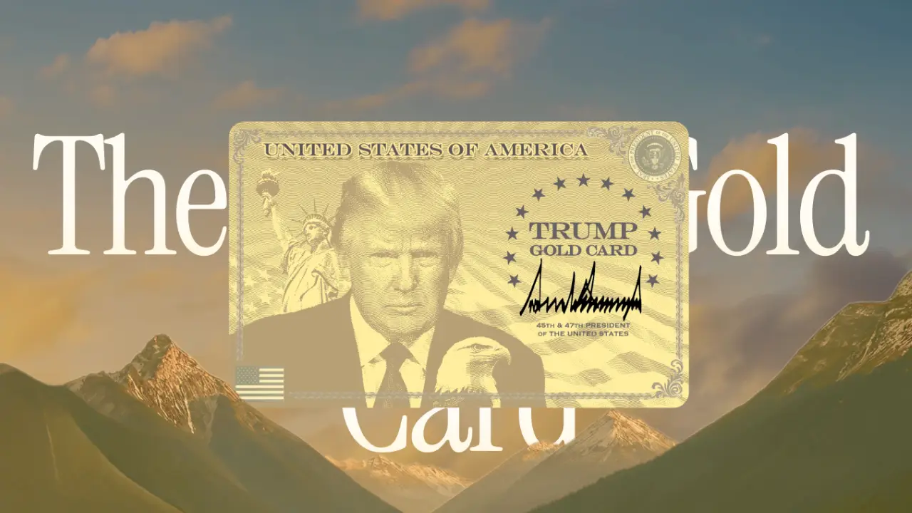 A gold-colored card featuring a portrait of Donald Trump, the Statue of Liberty, a bald eagle, the American flag, and the text "TRUMP GOLD CARD."