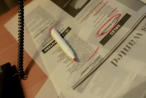 Printed job listings on a desk with several listings highlighted in red and a pen resting on top.