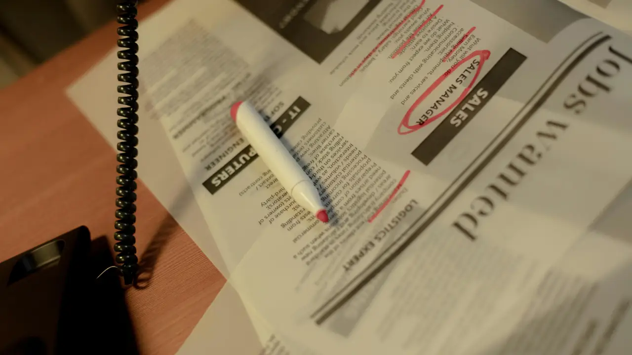 Printed job listings on a desk with several listings highlighted in red and a pen resting on top.