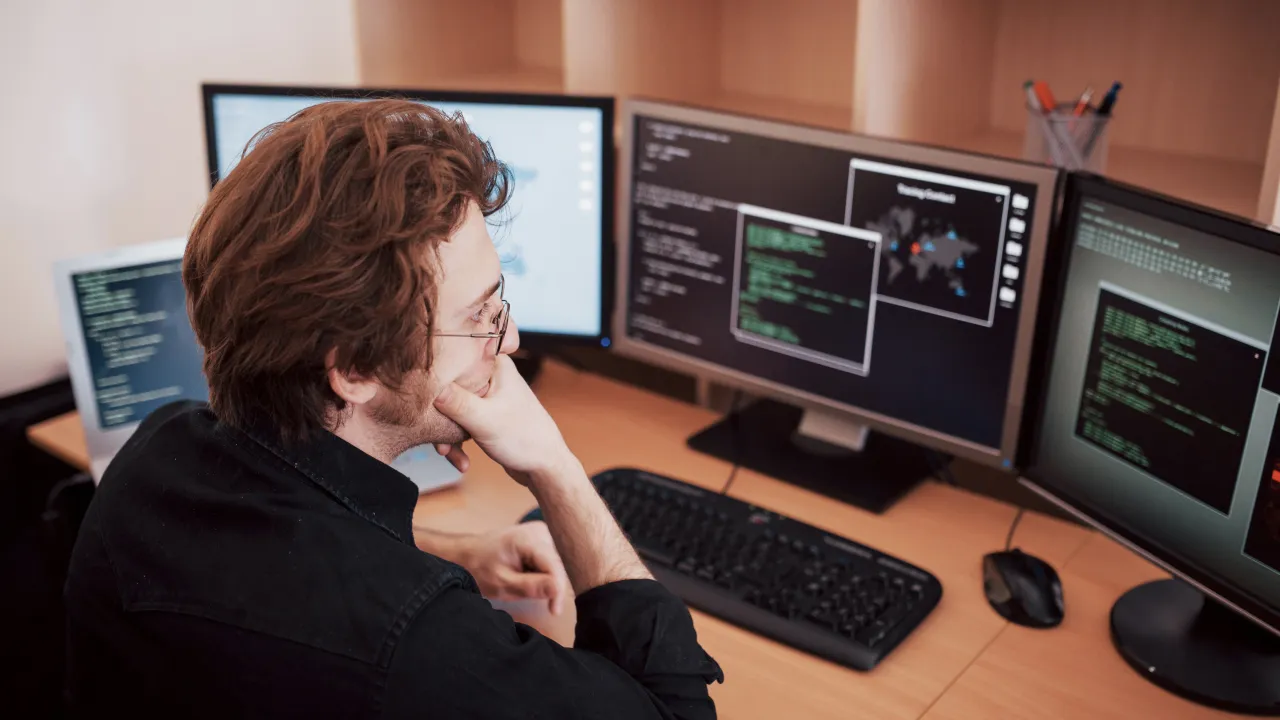 An image of a software or data professional working on multiple monitors with code and graphs, symbolizing the client's software and data analytics business.