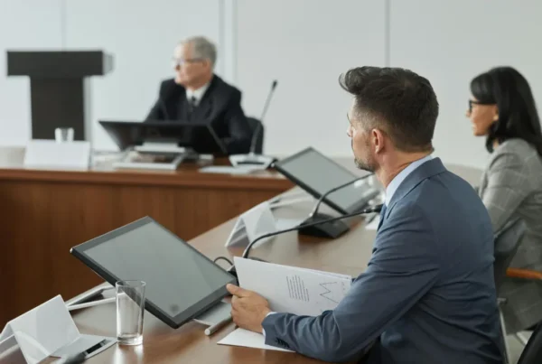 Conference room with professionals seated at a large wooden table, reviewing documents and digital screens.