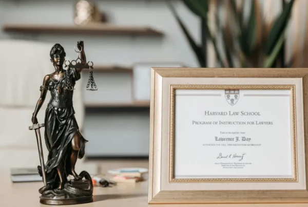 Harvard Law School certificate displayed next to a Lady Justice statue on a desk.