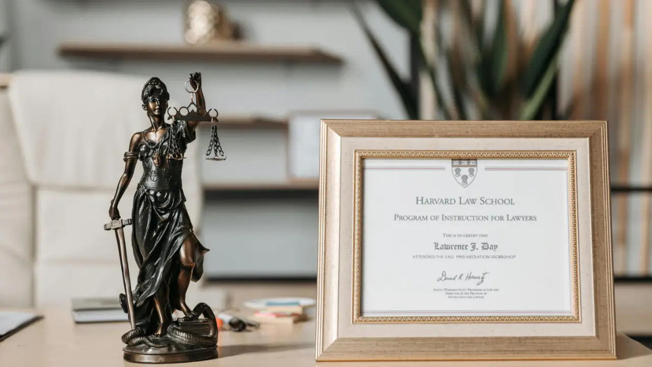 Harvard Law School certificate displayed next to a Lady Justice statue on a desk.