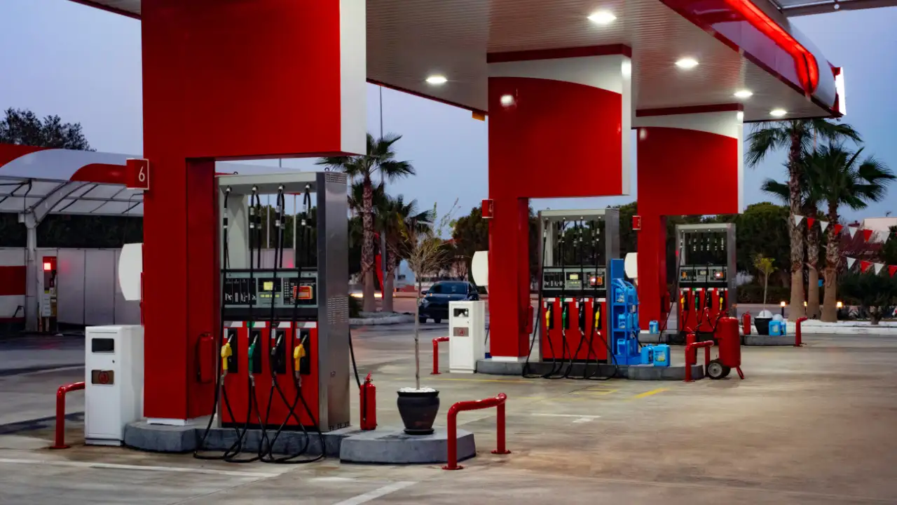 Gas station with multiple fuel pumps..