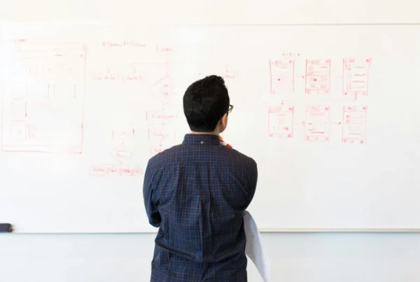 A person viewed from behind standing in front of a whiteboard covered with sketches, wireframes, and planning diagrams in red marker.