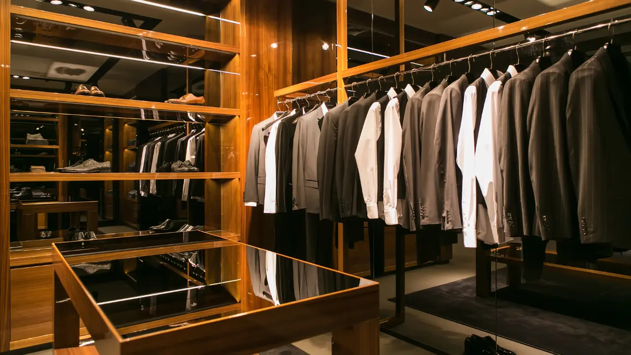 Interior of a high-end men's boutique with suits on racks and shoes on wooden shelves.