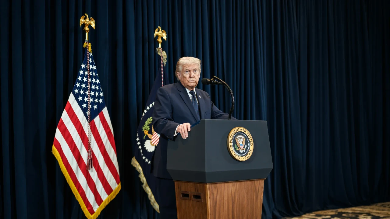 President Trump standing at a podium with the Presidential seal, flanked by American flags, during a policy announcement.