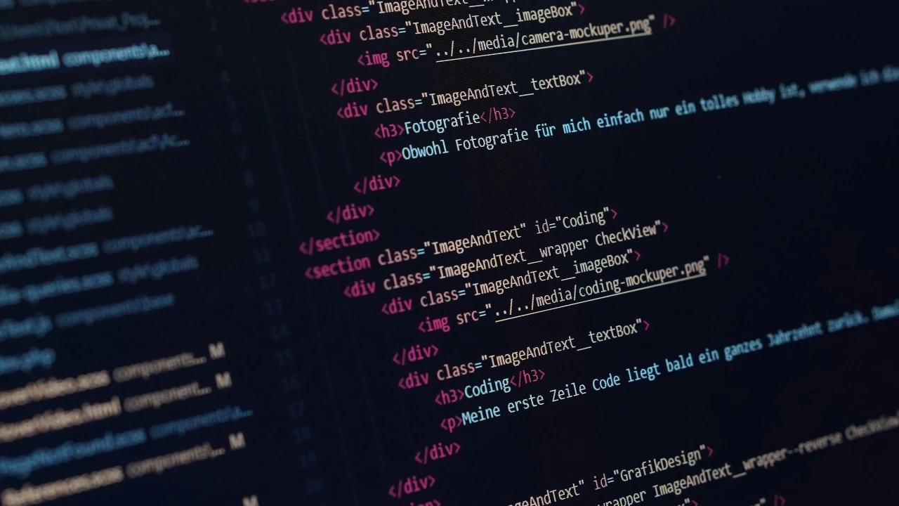 A computer screen displaying professional HTML and CSS source code for a software consulting project, representing the trade in services for an E-1 visa application.