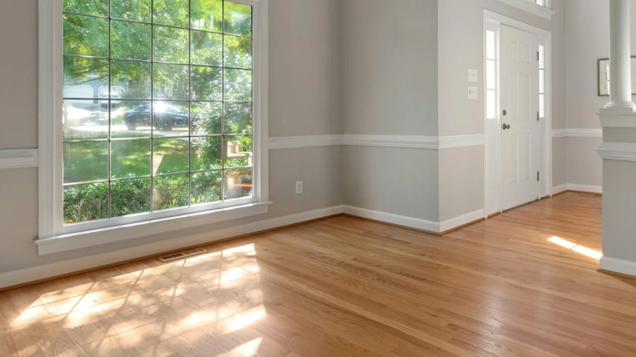 Empty room with polished hardwood floors, large arched window, light gray walls, and natural sunlight.
