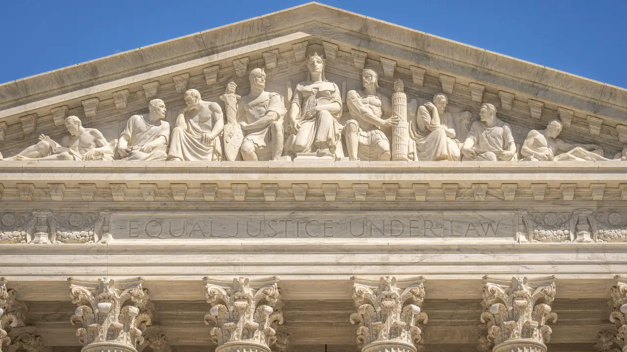The exterior facade of the United States Supreme Court building featuring the Equal Justice Under Law inscription, relevant to the Trump v. Barbara case.