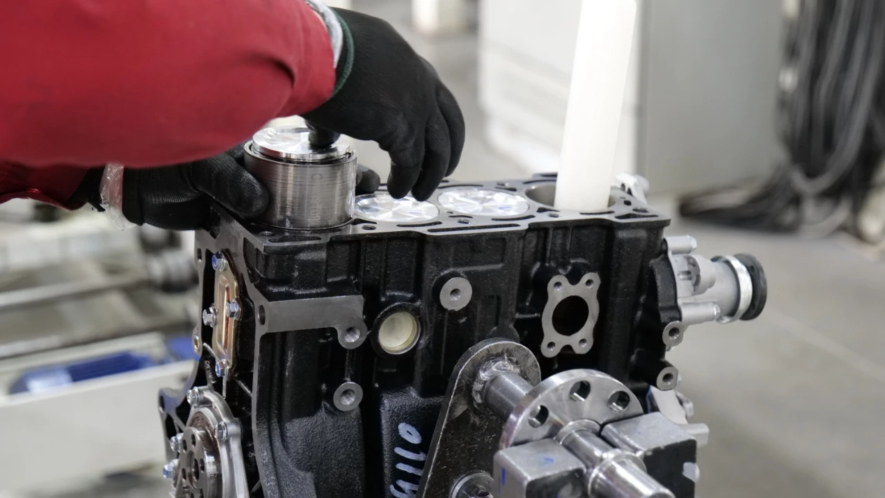 Engineer assembling a mechanical engine component in a workshop setting