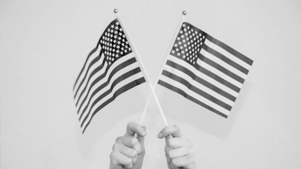 Two small American flags held crossed against a plain white background, representing US citizenship and the denaturalization process that can revoke it