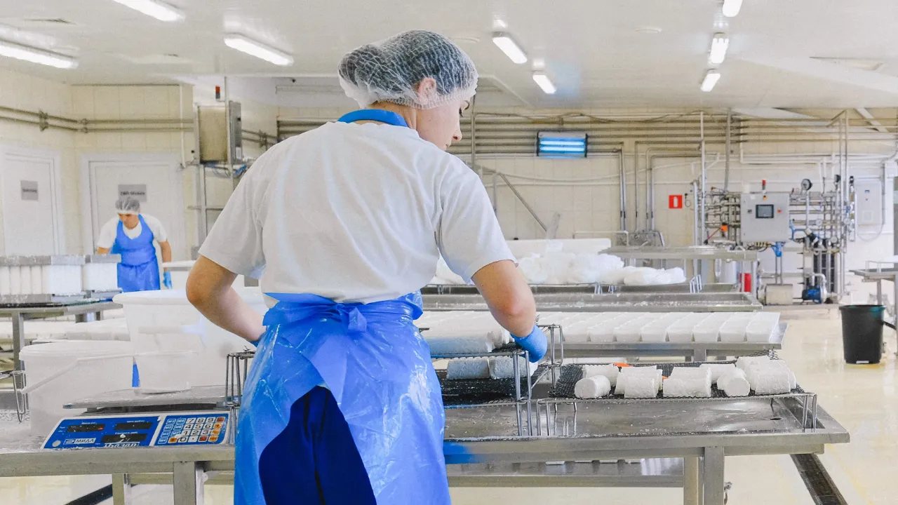 A worker in a hairnet, apron and gloves arranging products on racks in a specialty food production facility, where consistent processes and product standards are maintained.