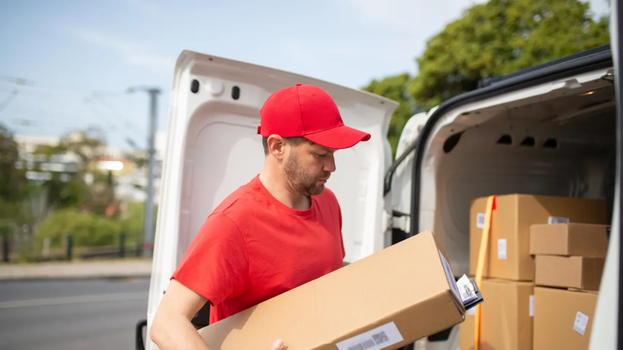 A courier in a red cap and shirt carries a cardboard parcel from the open rear doors of a white delivery van stacked with labelled boxes.