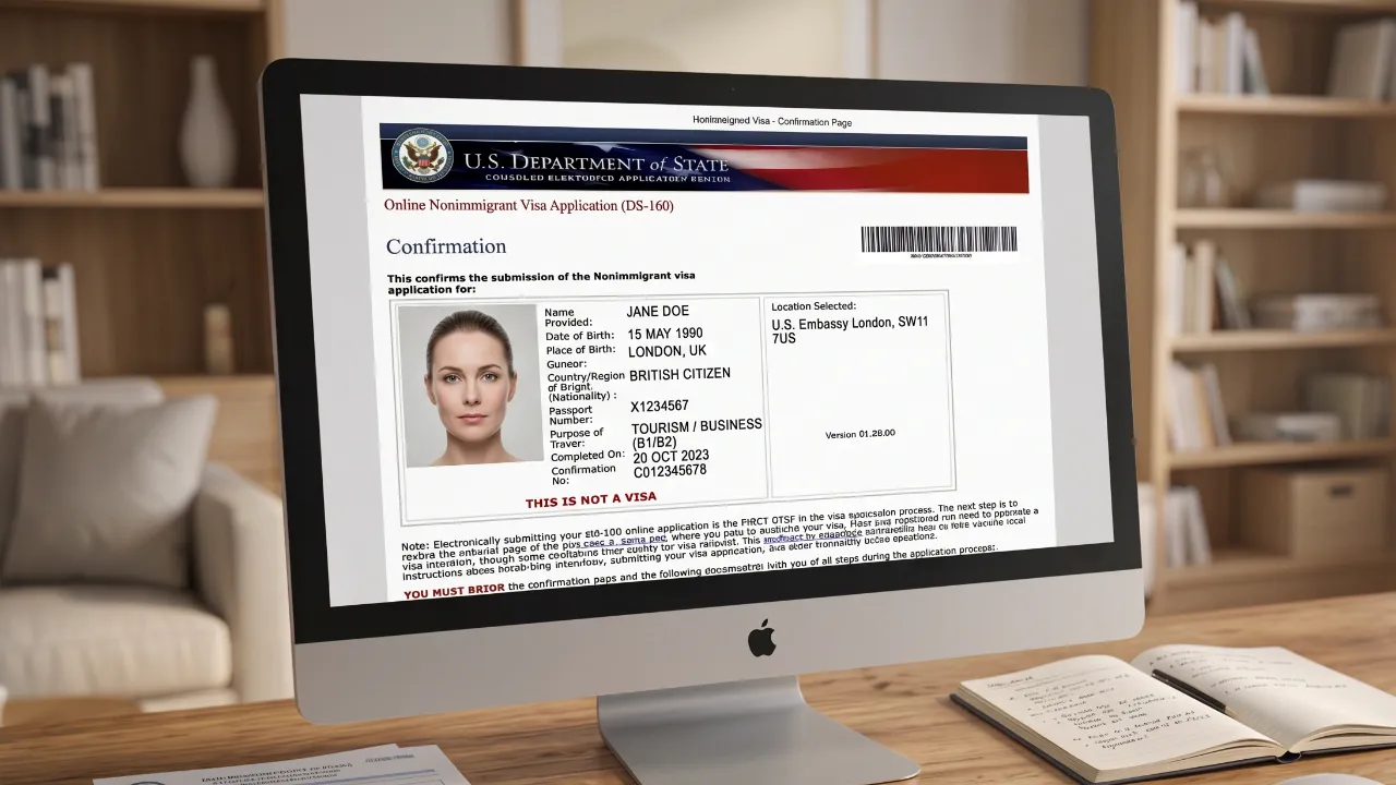 Illustration of a DS-160 online application confirmation page displayed on a desktop computer screen