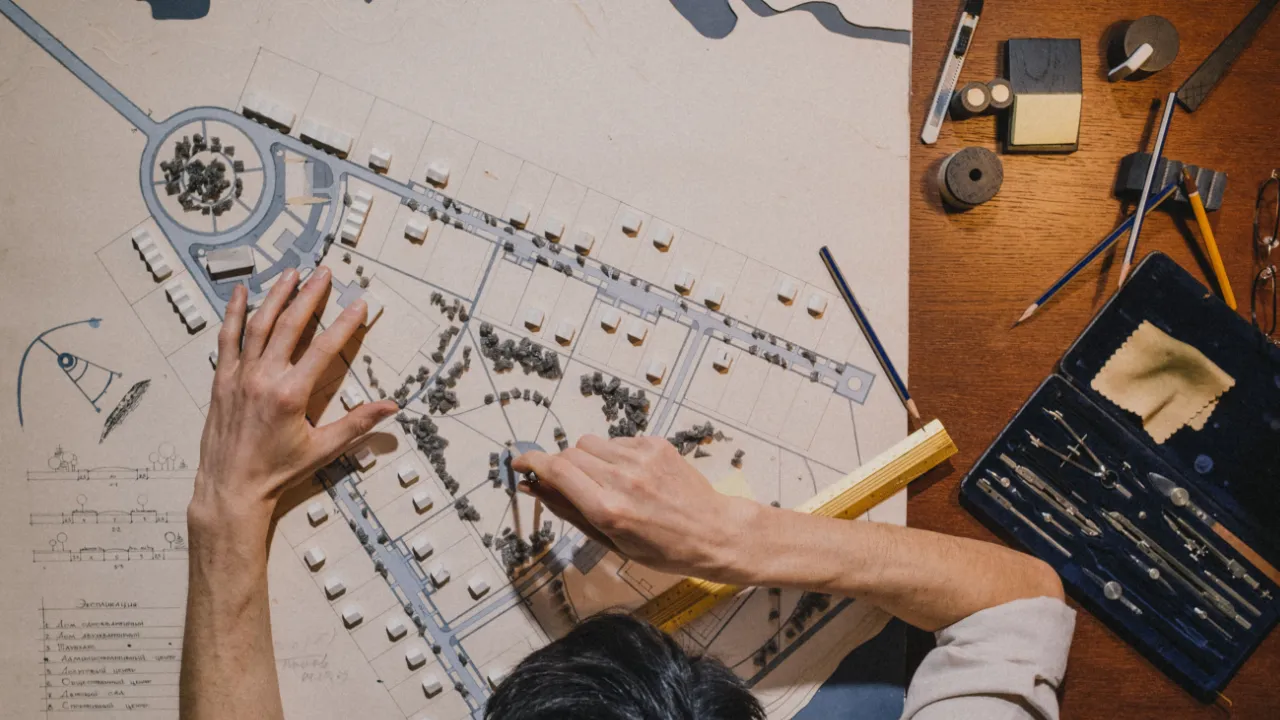Overhead view of an urban planner working on a scale site plan with drafting tools and a compass set.