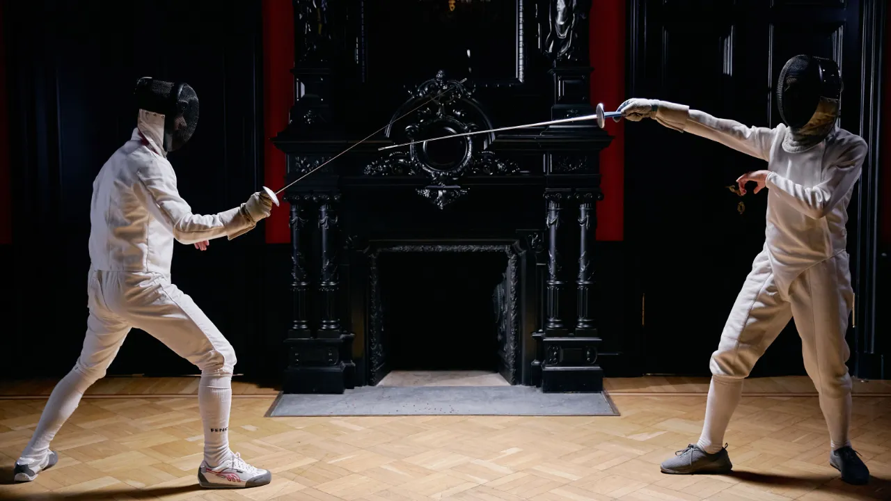 Two fencers in white uniforms facing off with crossed blades in an ornate hall
