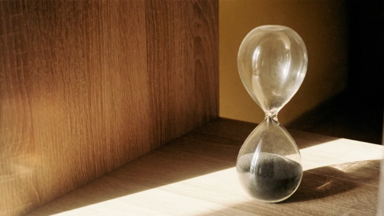 Hourglass on a wooden shelf in afternoon light, with the sand nearly run through